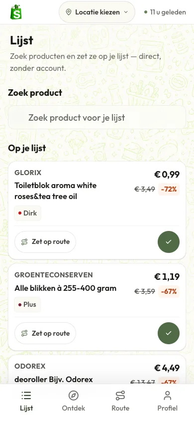Sgappie geopend op een telefoon, met je persoonlijke boodschappenlijst
