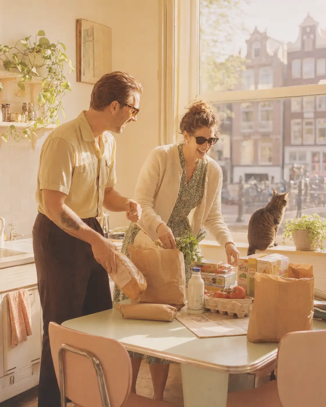 Stel pakt samen boodschappen uit aan de keukentafel